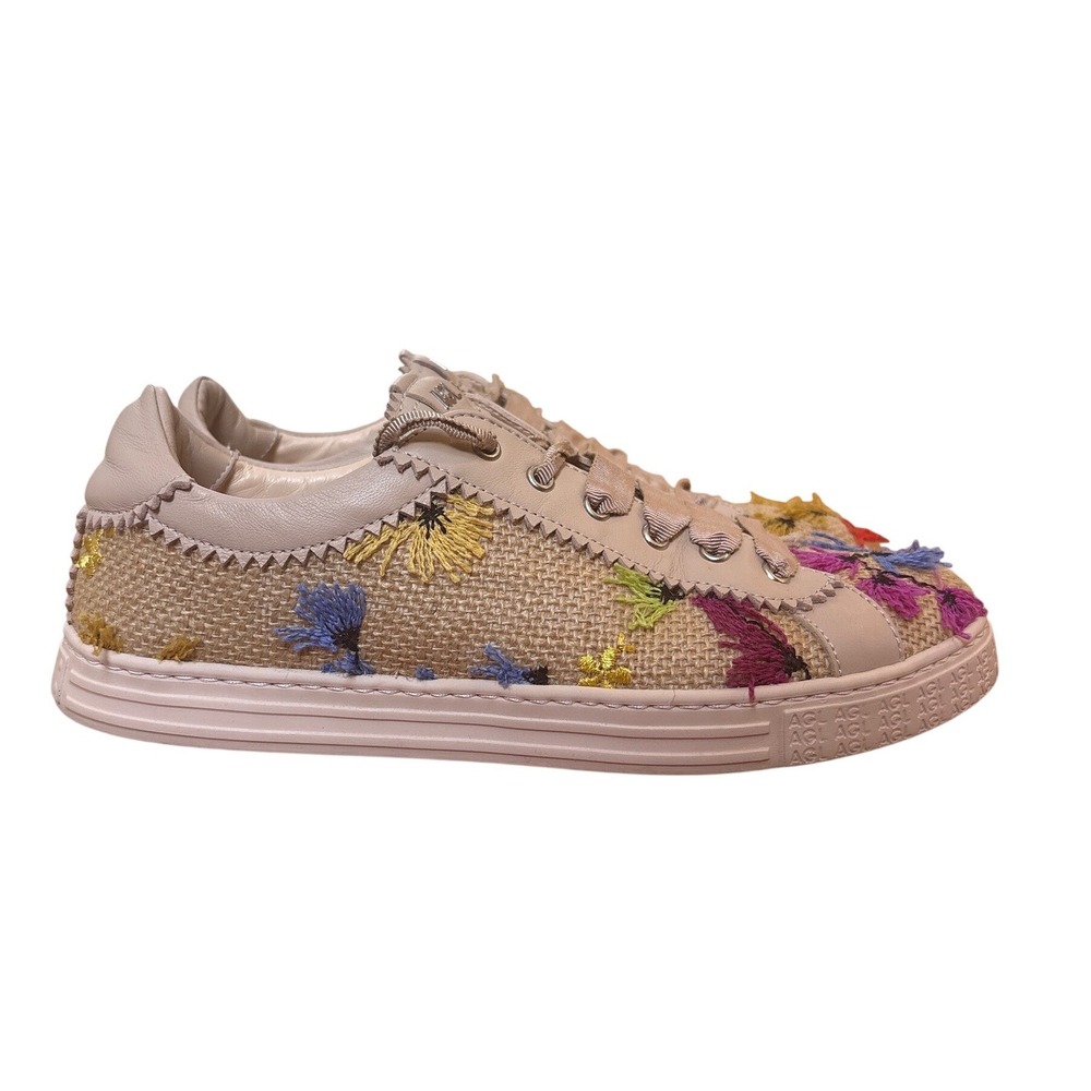 AGL Floral Embroidered Sneakers Women Beige Raffia Low Top Italy SIZE 38.5